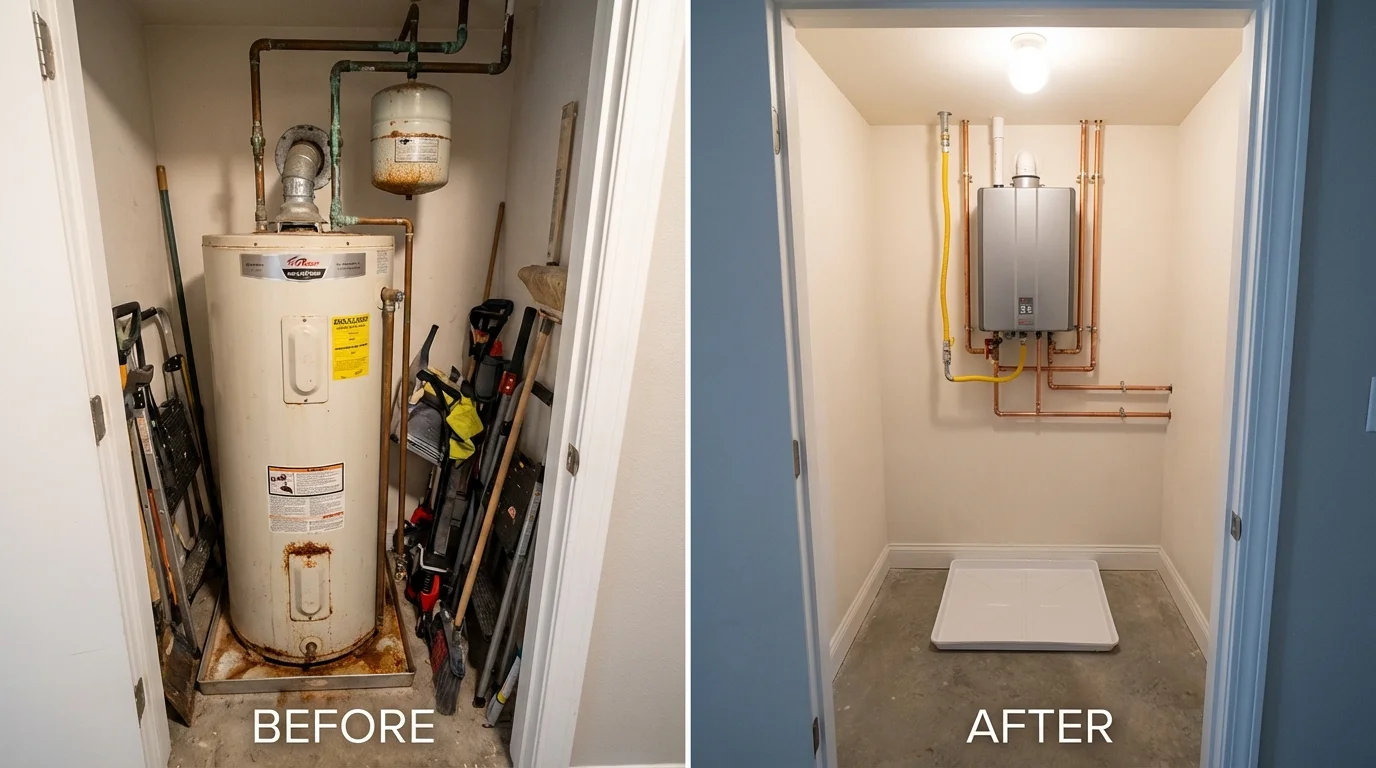 Tank water heater versus wall-mounted tankless unit comparison for Mims, FL homeowners