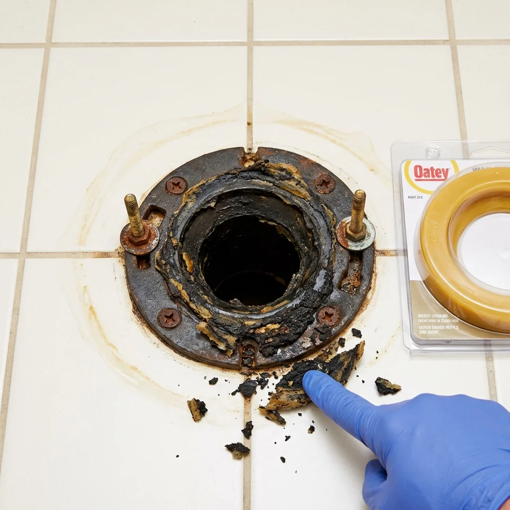 Failed wax ring showing water seepage at the base of a toilet in a Mims, FL home